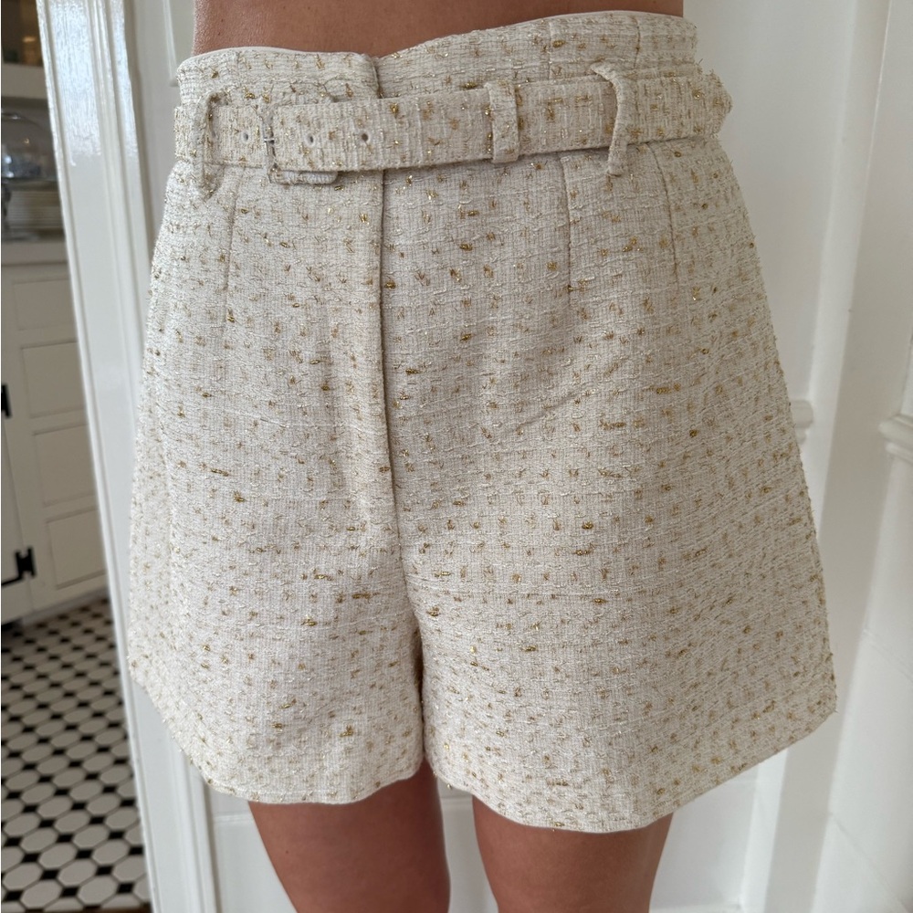 Self-Portrait High Waist Tweed Shorts in Cream and Gold